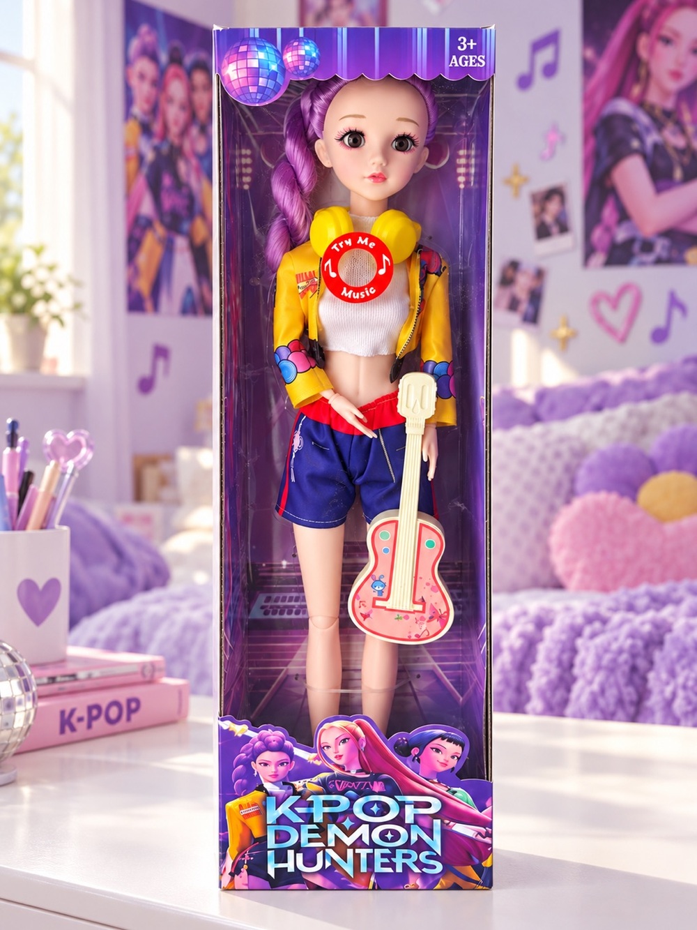 Purple-Haired Music Doll with Pink Guitar - Yellow Jacket